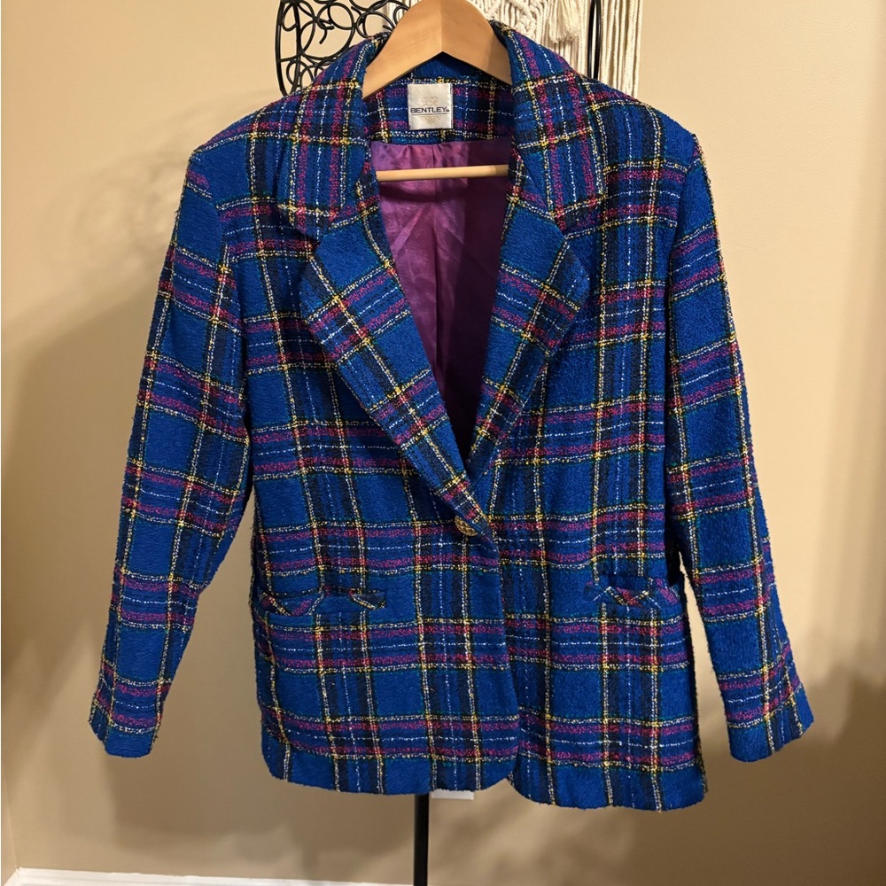 Vintage JR Bentley Bold Oversized Blue, Purple & Gold Plaid Jacket